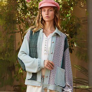 POL Mixed Fabric and Print Button Down Shacket in Seafoam Multi
